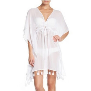 BLEU ROD White Sheer Gypset Kaftan Tassel Swim Cover Womens SM Boho Resort